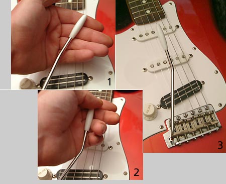 So sieht die 'Modofikation' der Lefthand-Stratocaster mit dem 'falschen' Tremolohebel aus